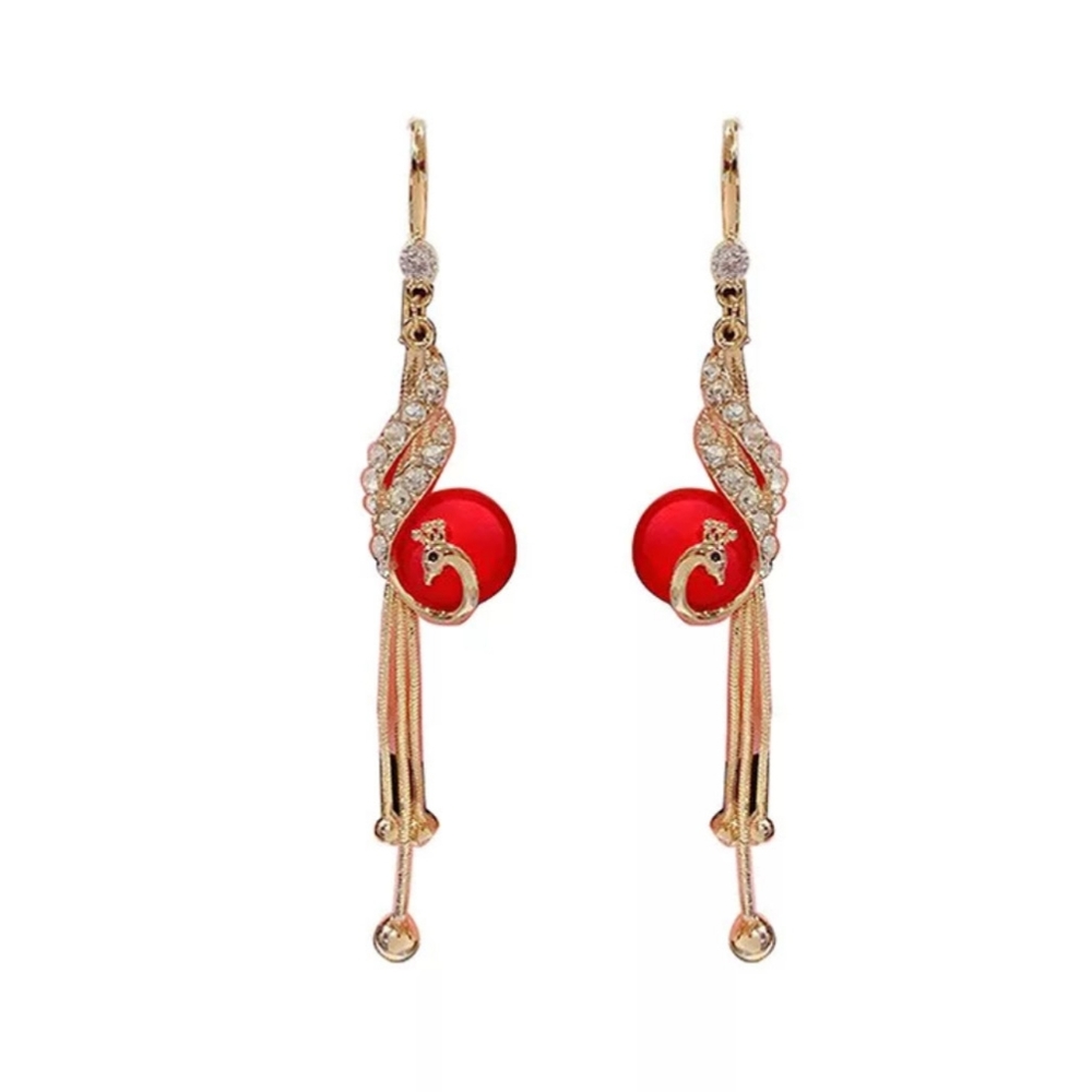 🎀Stunning Red Pearl Peacock Tassel Earring - Picture 4 of 5